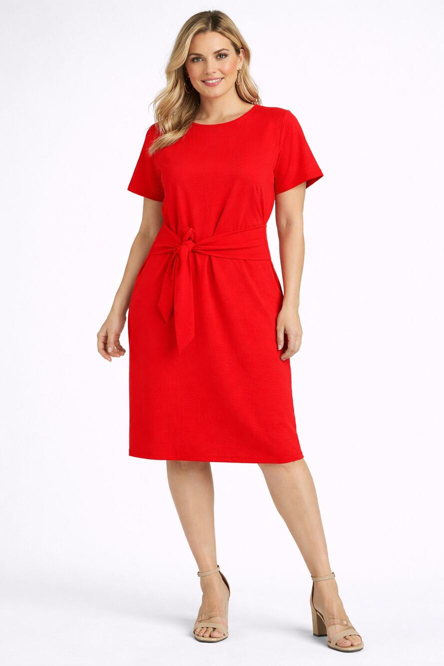 Chetta B Crinkle Tie Front Knee Midi Dress Orange Red Womens Size Large New